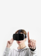 Portrait of woman with VR glasses. Virtual reality experience and future technology concept. 