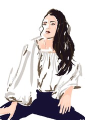 Girl Fashion Illustration. Ink art minimalistic style. Illustration good for posters, magazines titles, website decoration icons. Pretty girl portrait 