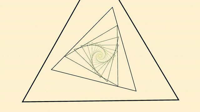 Beautiful abstract triangle tunnel with golden ratio, seamless loop. Design. Flying and rotating silhouettes of triangles.