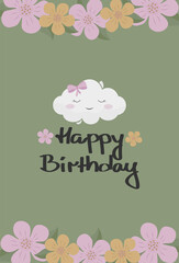 Kids Birthday Card with Flowers and Cloud Character, Vector Illustration