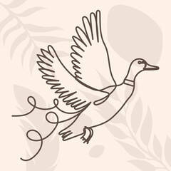 flying duck drawing in one continuous line, isolated vector