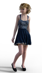 Young teen girl dressed in a summer dress walking and looking around