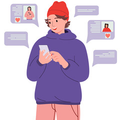 A young guy is looking for a girl through a dating app on a mobile phone. A man with a smartphone chats, flirts and likes online. Colored flat vector illustration isolated on white background