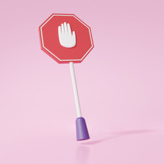 Pole label warning symbol icon with hand stop floating on pink background. precaution, beware danger, traffic alert safety concept. isolated. 3d render illustration