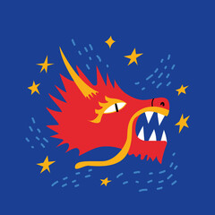 Head of asian dragon on blue background. Vector illustration of chinese traditional dragon. Year of the dragon. Oriental style