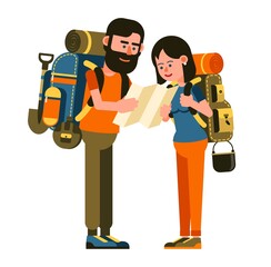 Hikers man and woman with map. Couple of tourists with backpacks watching map. Vector image.