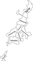 White flat vector administrative map of KRYVYI RIH, UKRAINE with name tags and black border lines of its districts