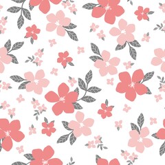 Seamless vintage pattern. Pink flowers, gray leaves. White background. vector texture. fashionable print for textiles, wallpaper and packaging.