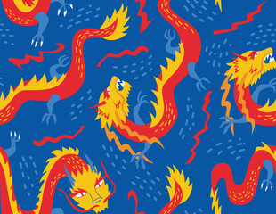 Seamless pattern with asian dragons. Japanese, chinese style. Vector background for textile, fashion, wrapping paper
