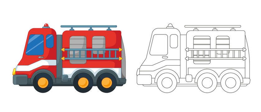 Red fire truck with outline and coloring book set. Vector illustration in cartoon childish style. Isolated funny clipart on white background. Cute fire transport print.