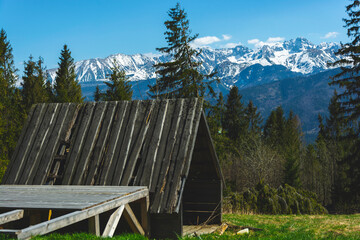 Drewniany mały domek las i widok na góry Tatry © Heroc