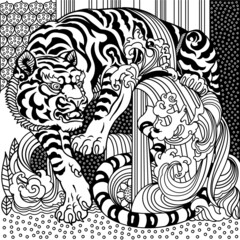 White tiger, stylized peaceful big cat. Celestial feng shui animal. Black and white graphic style vector illustration