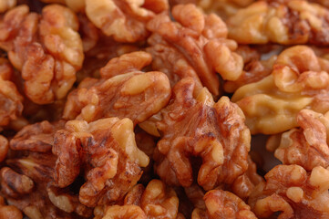 Peeled organic fresh walnuts pattern close-up top view