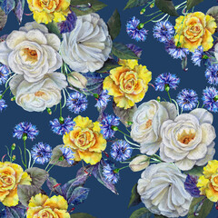 White roses, cornflowers and yellow rose. Floral composition on blue seamless background. 