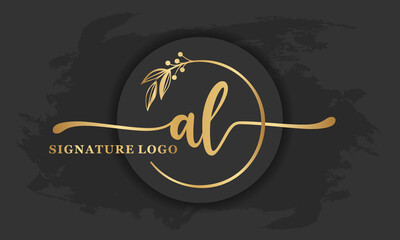 golden signature logo for initial letterLetter Al. Handwriting vector illustration image