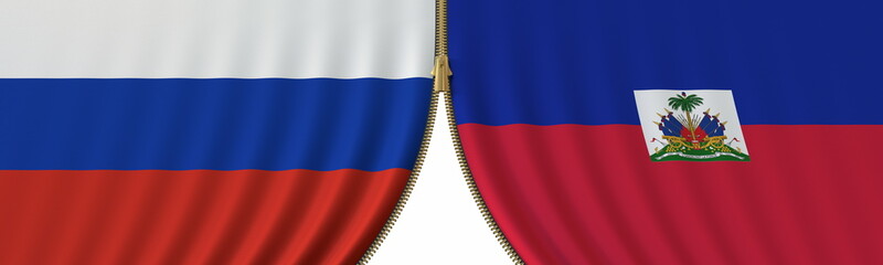Fototapeta premium Russia and Haiti political cooperation or conflict, flags and closing or opening zipper, conceptual 3D rendering
