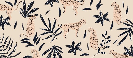 Trendy and modern wildlife pattern with leopards. Leopards and leaves vector illustration design