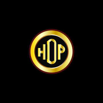 HDP letter circle logo design. HDP letter logo design with black background. HDP creative letter logo with gold colors.
