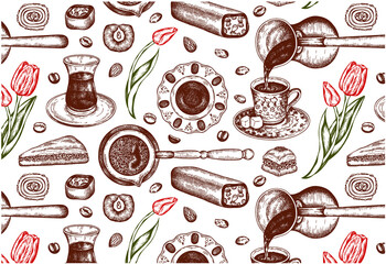 Sketch drawing pattern of sweet Turkish desserts, coffee and red tulips on white background. Line art pistachio baklava, engraved oriental sweets, menu, Turkish delight wallpaper. Vector illustration. - obrazy, fototapety, plakaty