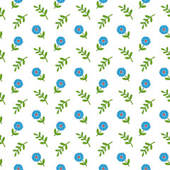 Seamless pattern with blue flowers and green branches on a white background. Minimalistic spring illustration for packaging, baby clothes and textiles. Delicate cute daisies.