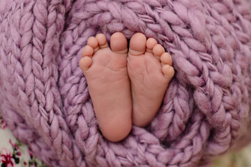 Small beautiful legs of a newborn baby in the first days of life