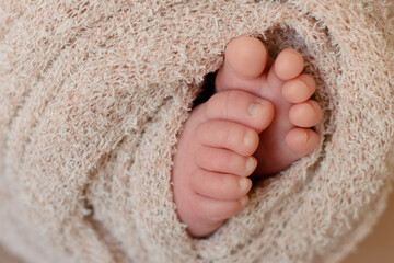 Small beautiful legs of a newborn baby in the first days of life