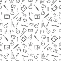 seamless pattern school supplies book, ruler, pencil for background, greeting card, packaging, texture, fabric pattern, wallpaper, back school theme wall decoration