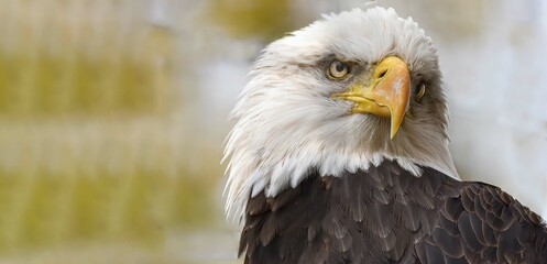 American bald eagle with green background and room for text close up of face