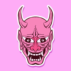 hand drawn pink japanese demon mask doodle illustration for stickers etc