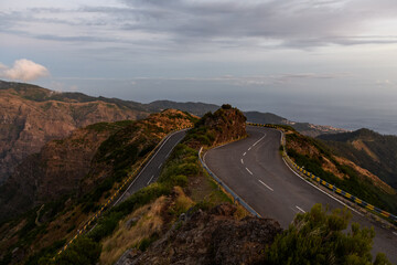 Road loop in mountains at sunset