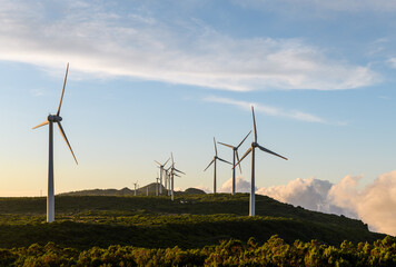 Wind turbines farm in mountains