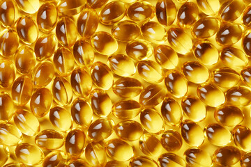 Golden capsules of Vitamin Omega 3 Fish Oil close-up