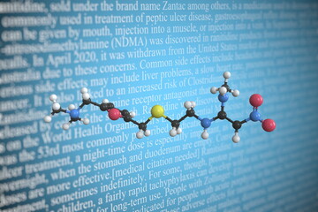 Ranitidine scientific molecular model, 3D rendering