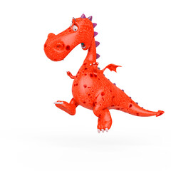baby dragon is jumping and looking down because he is afraid on white background with copy space