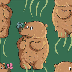 Seamless pattern design of cute illustrated bear with a butterfly on his nose in spring time.