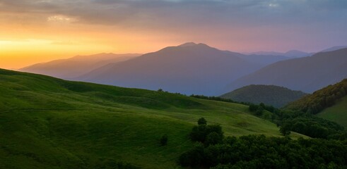  scenic summer dawn in the mountains,  picturesque morning scenery, Europe, Carpathian national park, Ukraine