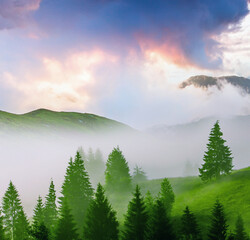 Naklejka na ściany i meble foggy summer dawn in the mountains, picturesque morning scenery, Europe, Carpathian national park, Ukraine