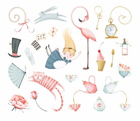 The Wonderland set. Alice girl, cat, rabbit, flamingo, teapot with cups, cake, potion bottle, hat, key, watch, cards. Cute style. Stock illustration.