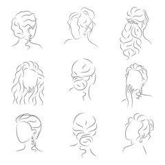 The silhouette of womans face and hairstyle. Set icons for stylists design, logo, or business card. Vector illustration in the style of sketch, line art, minimalism
