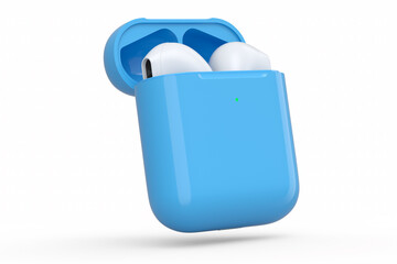 Wireless bluetooth headphones in blue case isolated on white background