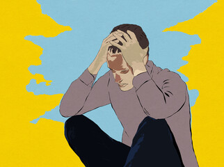 Młody mężczyzna siedzący ręce oparte na kolanach dłonie podtrzymujące głowę niebiesko żółte tło