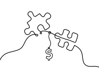 Abstract jigsaw puzzle with dollar as line drawing on white background. Vector