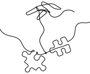 Abstract jigsaw puzzle with hand as line drawing on white background