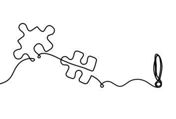 Abstract jigsaw puzzle with exclamation mark as line drawing on white background