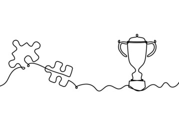 Abstract jigsaw puzzle with trophy as line drawing on white background