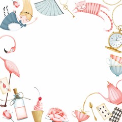 A frame of illustrations of Alice in Wonderland. White background. A square format banner. Cute cartoon style. Stock illustration.