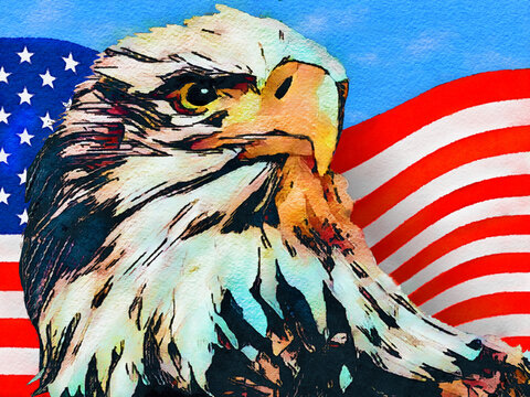 An American USA bald eagle and a USA flag are seen together in a 3-d illustration that is a digital watercolor painting.