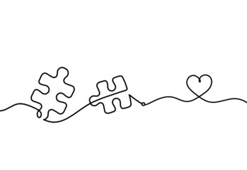 Abstract jigsaw puzzle with heart as line drawing on white background. Vector