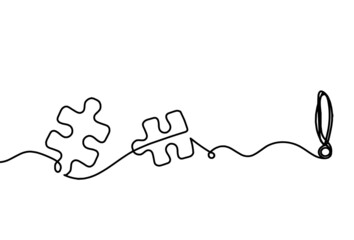 Abstract jigsaw puzzle with exclamation mark as line drawing on white background