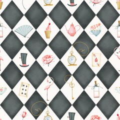 Alice in wonderland seamless pattern on a background of black and white rhombuses. Flamingo, teapot, cups, cake, potion bottle, hat, key, watch, cards. Cute style. Stock illustration.